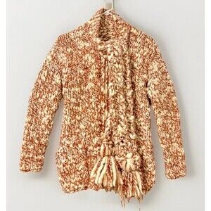 Handmade Yarn Chunky Knit Jacket Cardigan Scarf Fullzip Brown Cream Size S-M